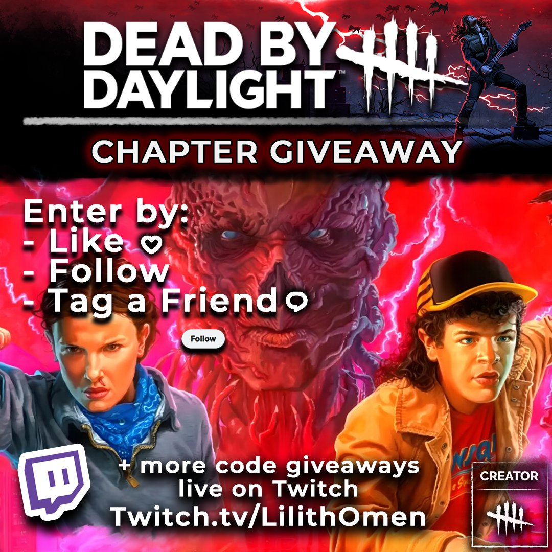 lilithomen's tweet image. 🚨 Chapter Giveaways!! 🚨

We'll be giving away 2 codes for the new Stranger Things chapter for you and a friend, so tag them! More giveaways on stream tonight too, so make sure to stop by!

Thank you to @DeadbyDaylight for the opportunity to be involved! #DBDCreator