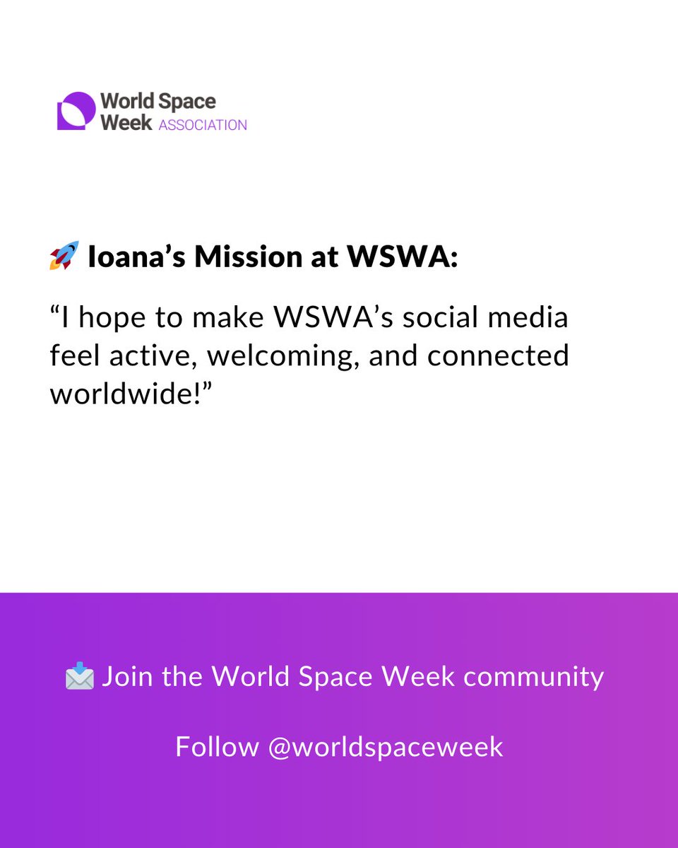 WorldSpaceWeek's tweet image. Meet Ioana Bibire, WSWA’s 𝘚𝘰𝘤𝘪𝘢𝘭 𝘔𝘦𝘥𝘪𝘢 𝘔𝘢𝘯𝘢𝘨𝘦𝘳. She manages World Space Week’s social channels and supports how WSW connects with its global community online! 

#WSW2026 #WorldSpaceWeek