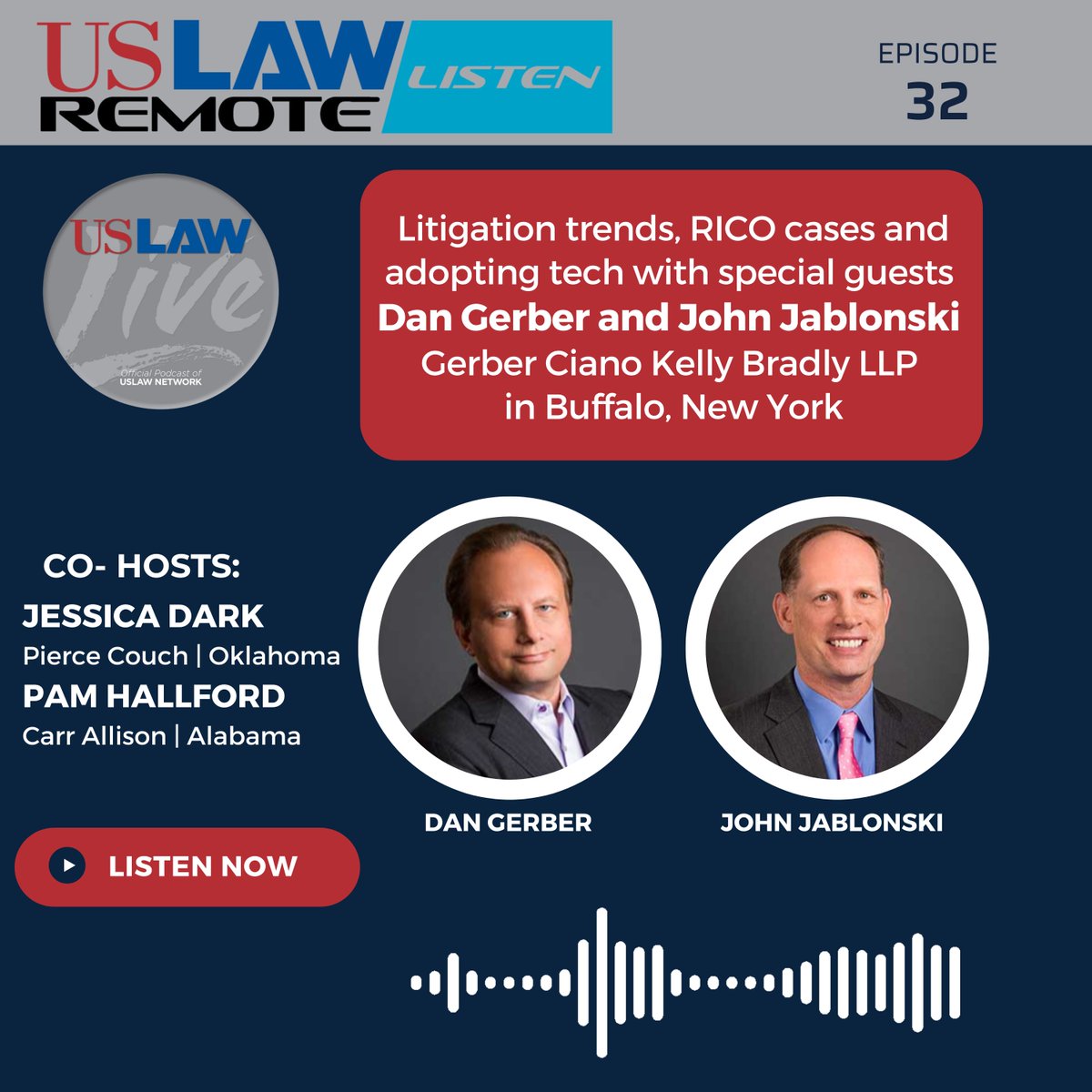 USLAWNETWORK's tweet image. USLAW Live this week is now out! Our guest, Dan Gerber and John Jablonski of @GerberCianoLLP join hosts Jessica Dark of @Piercecouch and Pam Hallford of Carr Allison to the current litigation trends.

Listen here: uslaw-live.simplecast.com/episodes/litig… or find USLAW Live on Apple Podcast,…