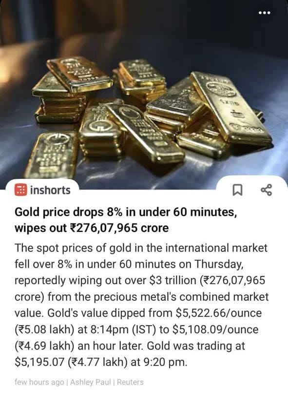 बाजार में कोहराम मचा हुआ है।

महज़ कुछ ही घंटों में सोने में (8.2% की गिरावट)और चांदी की ट्रिलियन डॉलर की वैल्यू साफ हो गई है।

अमेरिकी शेयर बाज़ार भी भारी दबाव में हैं।

धातुओं और इक्विटी, दोनों में एक साथ हो रही इस तेज़ गिरावट ने वैश्विक बाज़ारों में भी चिंता बढ़ा दी है।