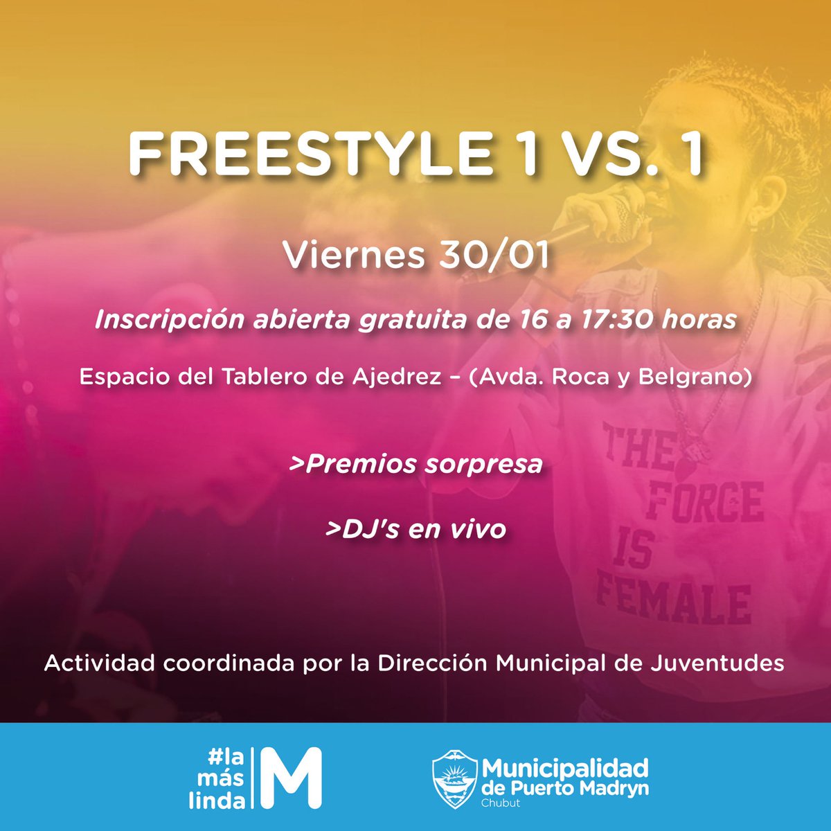 fersando1's tweet photo. 🔥 ¡BATALLA DE FREESTYLE 1VS1! 🔥 Viernes 30/01 | Inscripción GRATUITA. de 16 a 17:30hs en el Tablero de Ajedrez (Avda. Roca y Belgrano al lado del monumento a la Mujer Galesa). Premios sorpresa y DJ en vivo 🎧 

#Juventudes #batalladerap #lamaslinda #puertomadryn
@Gus_Sastre https://t.co/jv3T3ddRCE