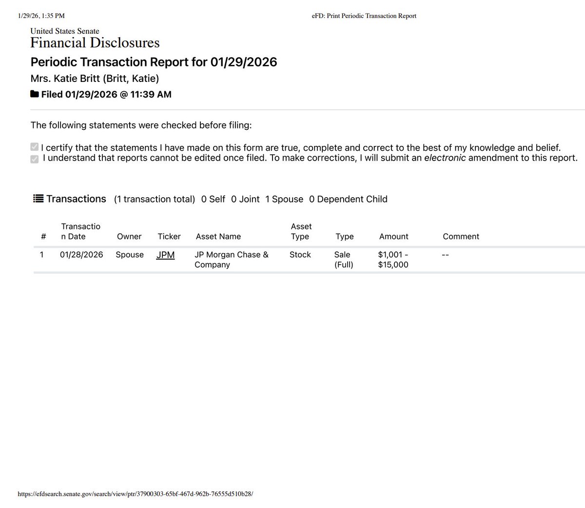 pelositracker's tweet image. Citizen journalism making a difference !

Sen. Britt just disclosed selling the JP Morgan $JPM stock that was flagged 2 days ago

She also disclosed it the same day meaning this post likely led to her sale

Credit to @KatieBrittforAL for doing the right thing and selling out