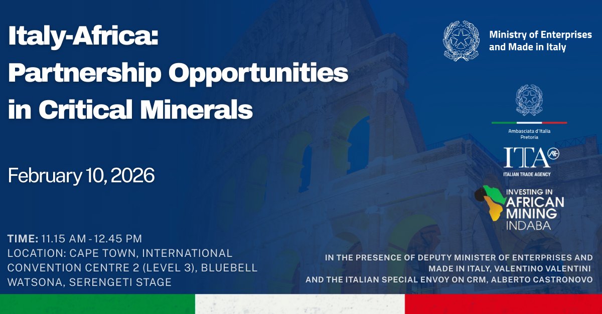 mimit_gov's tweet image. On #10Feb, Italy will host a side event at #MiningIndaba in Cape Town, a key moment for dialogue and cooperation in the #criticalmineralssector. 

🕚 11:15–12:45
📍 Bluebell Watsona, Serengeti Stage (CTICC2 – L3) 

The event will highlight #ItalyAfrica partnerships.