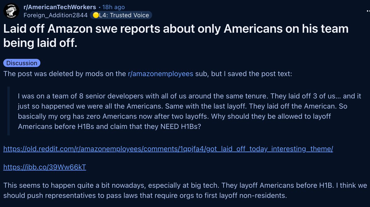 War4theWest's tweet image. Insider report from Amazon layoffs sees only Americans laid off on his team in the past 2 RIFs. 

H-1Bs keep their jobs while Americans are laid off. How can that be possible? Fyi, these were the same level/experience engineers.