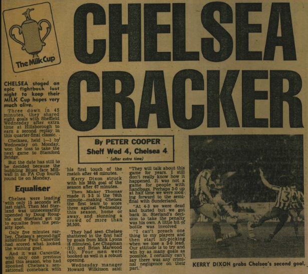 #onthisday in 1985 - the Wednesday Way.  3-0 up, 4-3 down -  In a Milk Cup 5th Round home replay - Wednesday drew 4-4 aet with <a href="/ChelseaFC/">Chelsea FC</a> in front of a crowd of  36,509  #swfc goals Lee Chapman, Mick Lyons, Brian Marwood, &amp; Mel Sterland    

You Tube :
youtube.com/watch?v=zwmjfS…