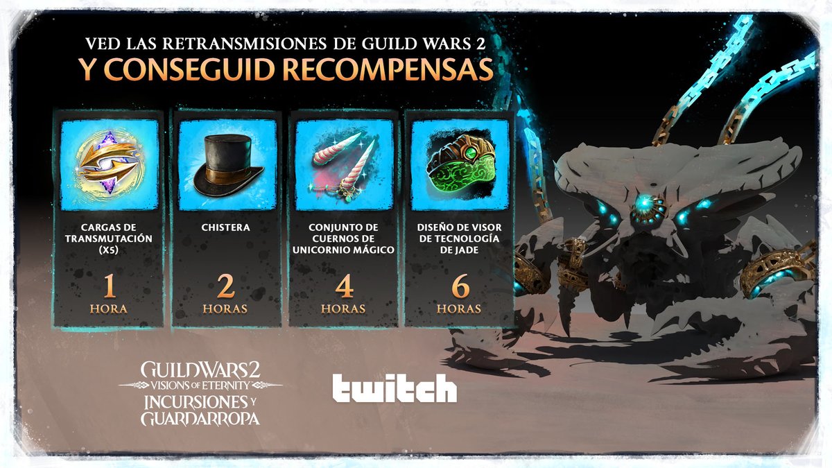 GuildWars2_ES's tweet photo. ¡Tyria, prepárate! 🌟 Vuelven los Drops de Twitch del 3 al 9 de febrero. Seguid las retransmisiones que participan para conseguir tesoros a la altura de cualquier héroe. ¡Reunid a vuestro escuadrón y preparaos para la aventura! https://t.co/Cj7aG9dqN0 https://t.co/7pZVYnc3JQ