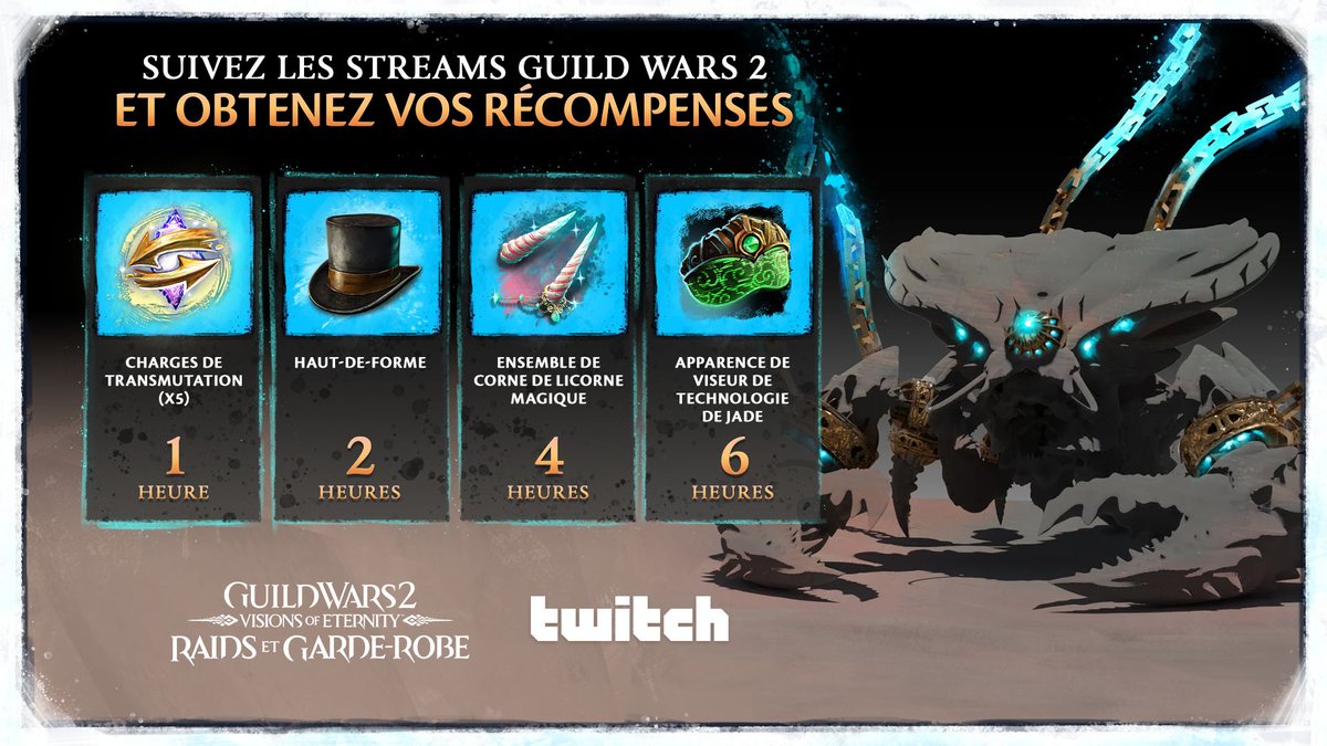 Tyriens, préparez-vous ! 🌟 Les drops Twitch reviennent du 3 au 9 février. Regardez les streams participants pour remporter des trésors dignes de votre héroïsme. Rassemblez votre escouade et lancez-vous à l'aventure ! guildwars2.com/twitch-drops/