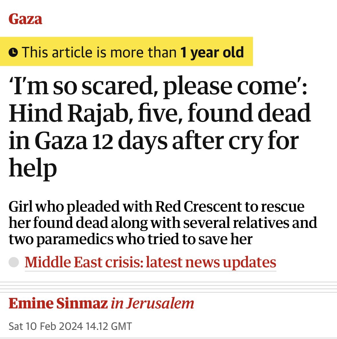 Two years since Hind Rajab was shot 335 times and murdered by Israel. 

The Guardian’s headline? ‘Found dead.’ 

Utterly shameful.
