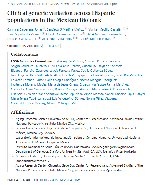 INCMNSZ_DirInv's tweet photo. ¡No existe un solo "genoma mexicano"! El Biobanco Mexicano revela que el origen ancestral (Nahua, Zapoteco, Maya) cambia cómo respondemos a fármacos como el fentanilo o las estatinas. Participación del @incmnszmx, Carlos A. Aguilar Salinas y cols. #SaludMéxico #Biobanco. https://t.co/rP120qZfcV