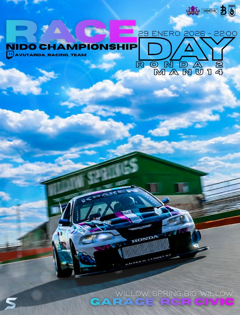 🏁 𝗡𝗜𝗗𝗢 𝗖𝗛𝗔𝗠𝗣𝗜𝗢𝗡𝗦𝗛𝗜𝗣 🏁

📍 𝖱𝗈𝗇𝖽𝖺 2 <a href="/AvutardaTeam/">Avutarda eSports</a>  

🐙 <a href="/MANUELHERNANZ14/">MANU14</a>
🏎️ Garage RCR Civic
🖌 <a href="/Con_ToEl_Flow/">ConToelFlow_Designs</a> 

🇺🇸 Willow Springs
🕤 𝟤𝟤:𝟢𝟢

🖼 <a href="/iasefe23/">KRK_ISequeiros ツ</a>  
 
📺 twitch.tv/avutarda_racing