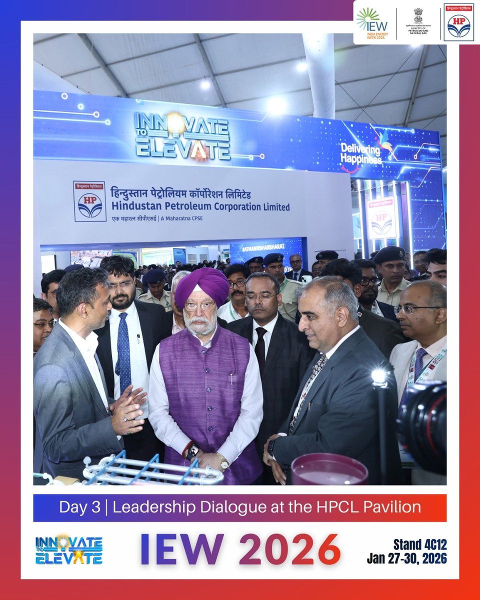 HPCL's tweet photo. HPCL was honoured to welcome the Hon’ble Minister of Petroleum and Natural Gas, Shri Hardeep Singh Puri, to the Pavilion, where he engaged with a range of indigenously developed, future-ready technologies showcased at the event.

The Hon’ble Minister interacted with HPCL’s innovations, including Seaweed-to-Biocrude technology, advanced 3D-printing solutions, hydrogen mobility solutions, and indigenous lithium-ion and sodium-ion battery technologies, reflecting Bharat’s expanding capabilities across clean energy, advanced manufacturing, and energy storage.

We are grateful for the Hon’ble Minister’s visit and encouragement, which further strengthen HPCL’s commitment to Atmanirbhar Bharat, innovation-led growth, and the building of a resilient, sustainable energy ecosystem for the nation.

#HPCL #IndiaEnergyWeek2026 #EnergyInnovation #AtmanirbharBharat #OneHPCL @HardeepSPuri @neerajmittalias @IndiaEnergyWeek  @PetroleumMin @Secretary_MoPNG