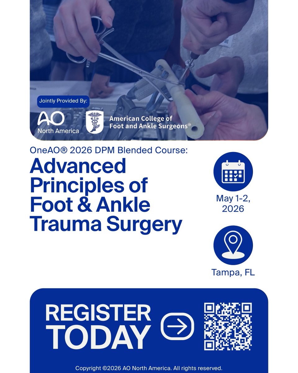AONorth's tweet image. Join the 𝗔𝗢 𝗗𝗣𝗠 𝗡𝗔 Advanced Principles Course – jointly provided by @AONorth &amp;amp; @ACFAS 

Build confidence managing complex foot &amp;amp; ankle trauma.
🔗 go.aona.org/DPM_AdvTampa20…

#AODPMNA

#Podiatry