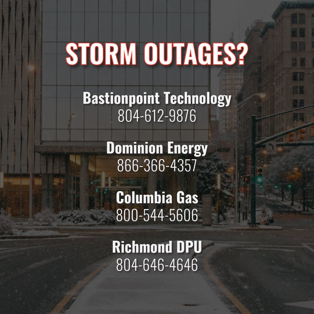 BastionpointRva's tweet image. Another chance of winter weather is predicted for this weekend!

Keep these numbers handy, as you may need them this weekend and for the start of next week.

Bastionpoint Technology will be available to support you, regardless of weather conditions. 

#RVA #RVAwx #RichmondIT