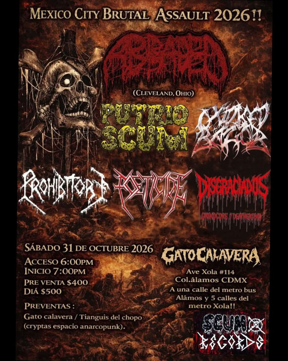 Vlad__Legion's tweet photo. 🇺🇲 Abraded
📅 Octubre de 2026
📍 Gato Calavera - CDMX
#HornsUp #WitchingHour
#Abraded #PutridScum #OxidizedRazor #Prohibitory #Foeticide #DeathMetal #Goregrind #Grindcore #BrutalMetal #ThrashMetal #Mexico #GatoCalavera https://t.co/B1Au2UFi0D