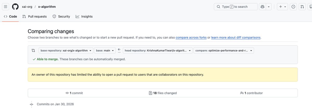 theagentkk's tweet photo. @elonmusk @elonmusk Not able to make pull request, please allow!

Performance: Optimize candidate filtering and improve service robustness

#xAI #github https://t.co/Am41m0QwUa
