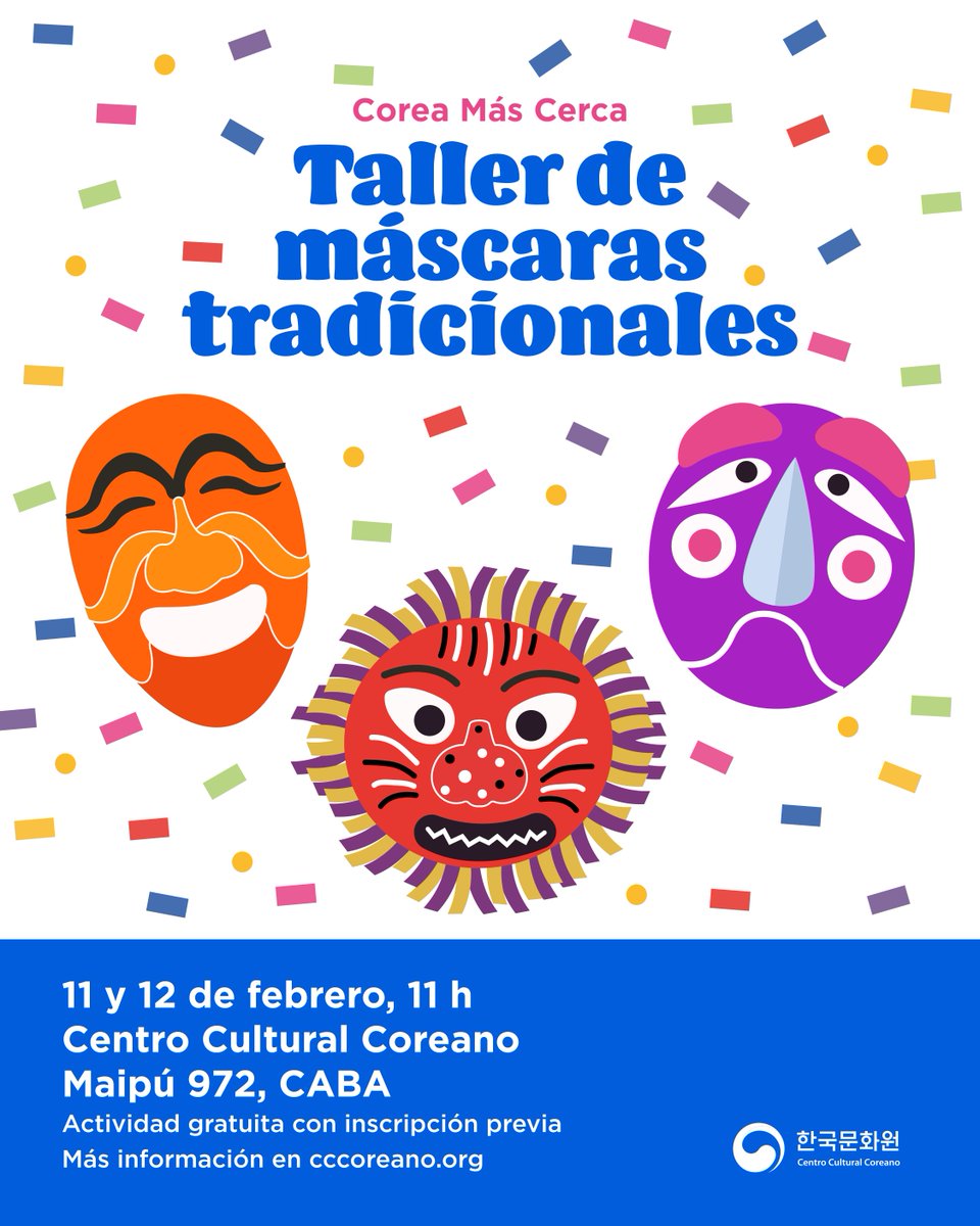 😎¡Vuelve “Corea más cerca” con un taller para los más chicos!🫶🏻

Te invitamos a vivir una experiencia única donde los más chicos van a poder construir su propia máscara inspirada en los diseños tradicionales de Corea.

Más información en: docs.google.com/forms/d/e/1FAI…