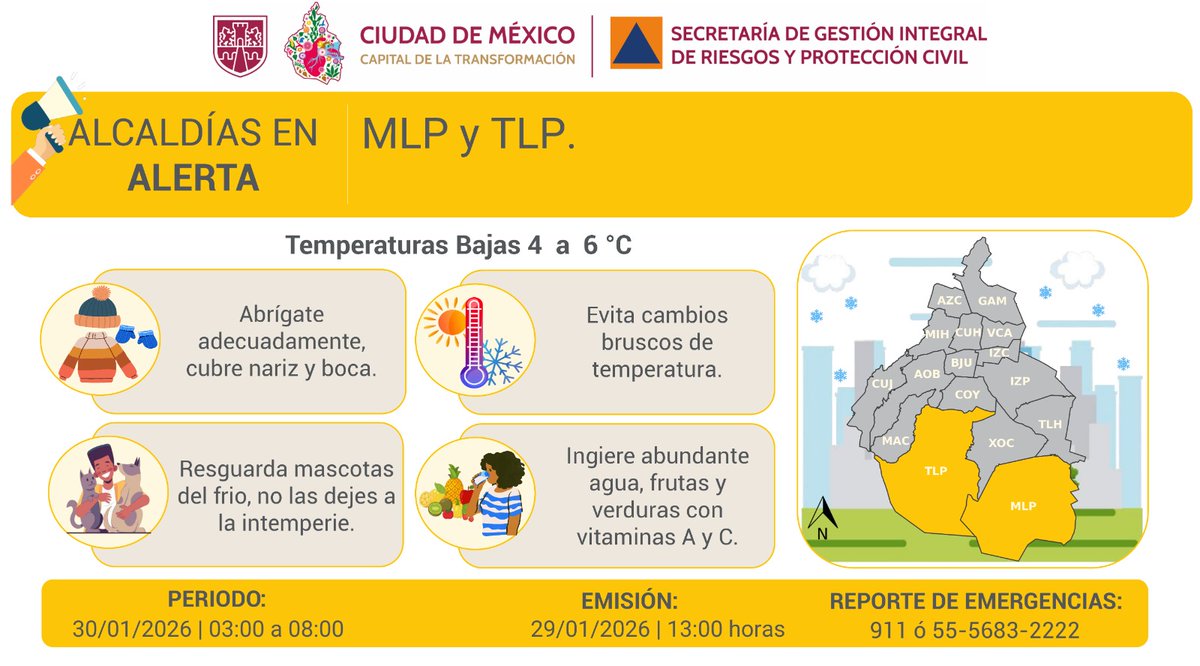 SGIRPC_CDMX's tweet photo. ⚠️ Se activa #AlertaAmarilla por pronóstico de temperaturas bajas para la madrugada y mañana del viernes 30/01/2026, en las demarcaciones: @AlcMilpaAlta y @TlalpanAl.

Mantente informado.

#PronósticoDelTiempo #LaPrevenciónEsNuestraFuerza https://t.co/EUPYIL4Qdh