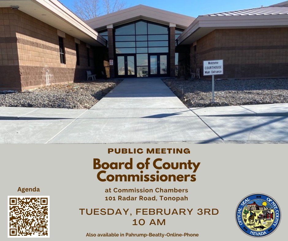 NyeCounty's tweet image. Stay informed, Nye County! 
The Board of Commissioners will meet on Tuesday, Feb. 3 at 10 a.m. in Tonopah. 

Public participation is important, as your input helps shape our community.
nyecountynv.gov/AgendaCenter/V…
#CountyGov #TonopahNevada #PublicMeeting #NyeCounty