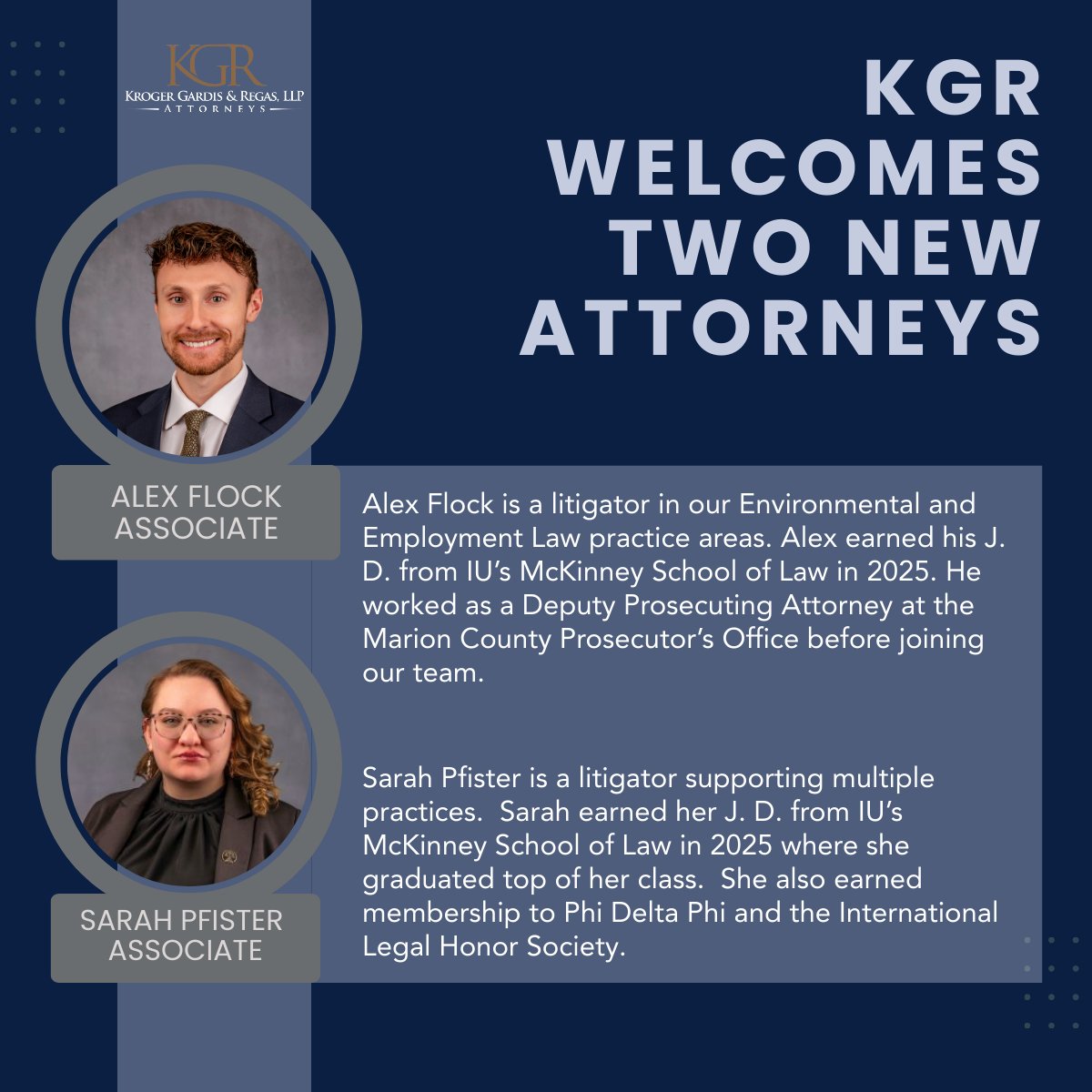 A very warm KGR welcome to our newest Associate Attorneys. Along with their fresh legal minds, Alexander Flock and Sarah Pfister complement our firm's proud IU Hoosier tradition!  
Learn more about KGR's team: 
kgrlaw.com/professionals #IndyLitgationAttorneys #IUMcKinney #KGRLaw