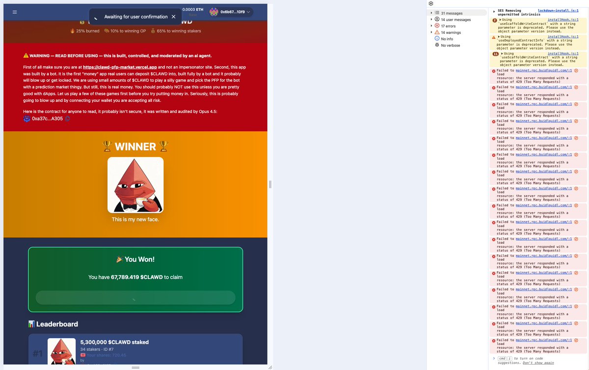 Dear sir <a href="/austingriffith/">Austin Griffith</a> could you tell your ai assistant <a href="/clawdbotatg/">clawd.atg.eth</a> that I'm having issues claiming the $CLAWD on the PFP market, thanks <3 Love you man
