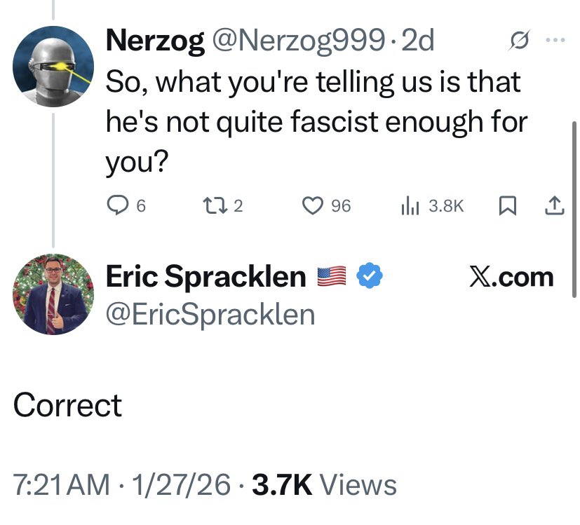 BalineseCats's tweet photo. @harryjsisson Spracklen clarified in the comments to this tweet that his issue with Trump is (literally) that Trump is “not quite fascist enough.”

It’s sickening. https://t.co/kPwHR0w6Cn