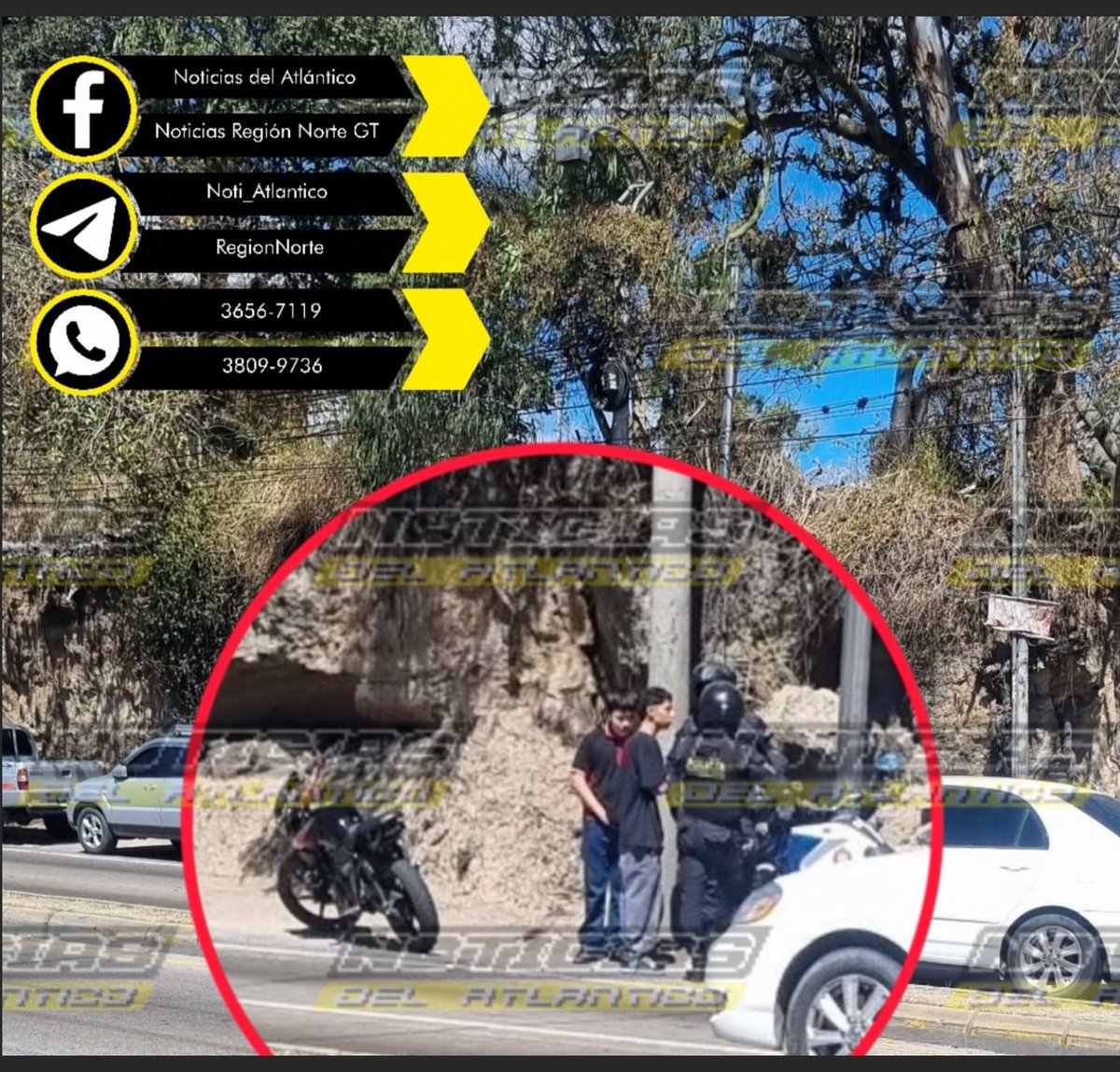 Noti_Atlantico's tweet photo. 🔴 #HechosGT | Agentes de la #PNC detienen la marcha de dos jóvenes menores de edad quienes se conducía en una motocicleta sin placas. 

Hecho captado en el km. 9.5 frente al Shalom #CarreteraAlAtlántico. https://t.co/f8mjKLypBP