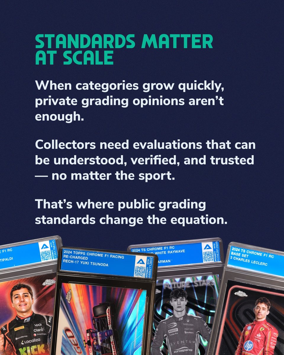 authcollect's tweet photo. Interest in F1 cards continues to grow.

As supply and attention increase, long-term value depends on clear, consistent evaluation.

That’s the role of public standards.

Learn more about the Universal Public Grading Standard™ at https://t.co/VmCa4zh4aC

#F1 #TheAuthority https://t.co/ysRvYiuVj7