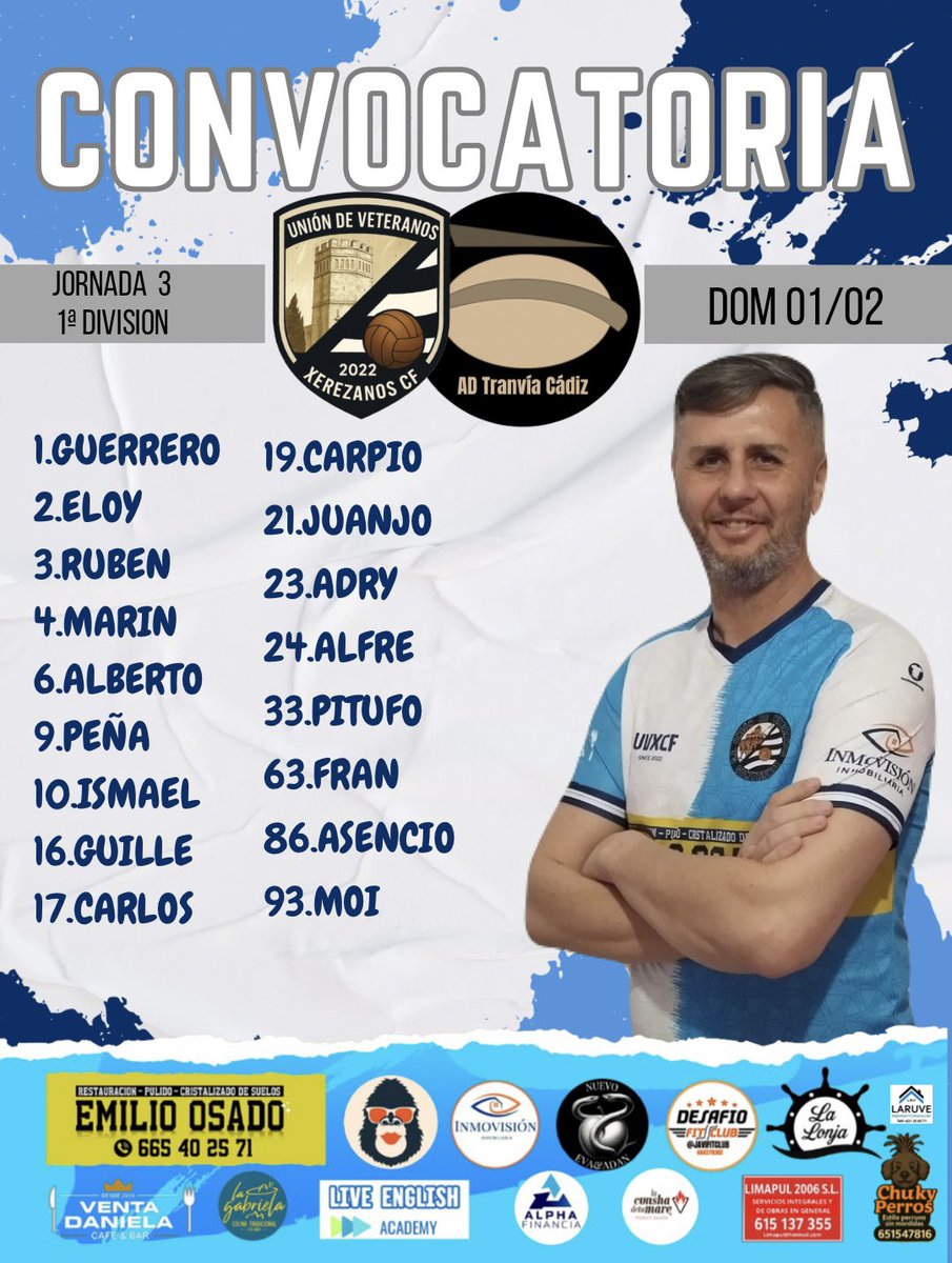 📋 CONVOCATORIA OFICIAL | 
🗓 Domingo, 01 febrero
🕙 8:30
📍 Chiclana de la Frontera

Estos son los jugadores convocados para representar a la Unión de Veteranos Xerezanos CF ¡Vamos con todo, equipo! 💪⚽️
#UniónDeVeteranosXerezanosCF #ConvocatoriaOficial
#unionistas   #uvxcf