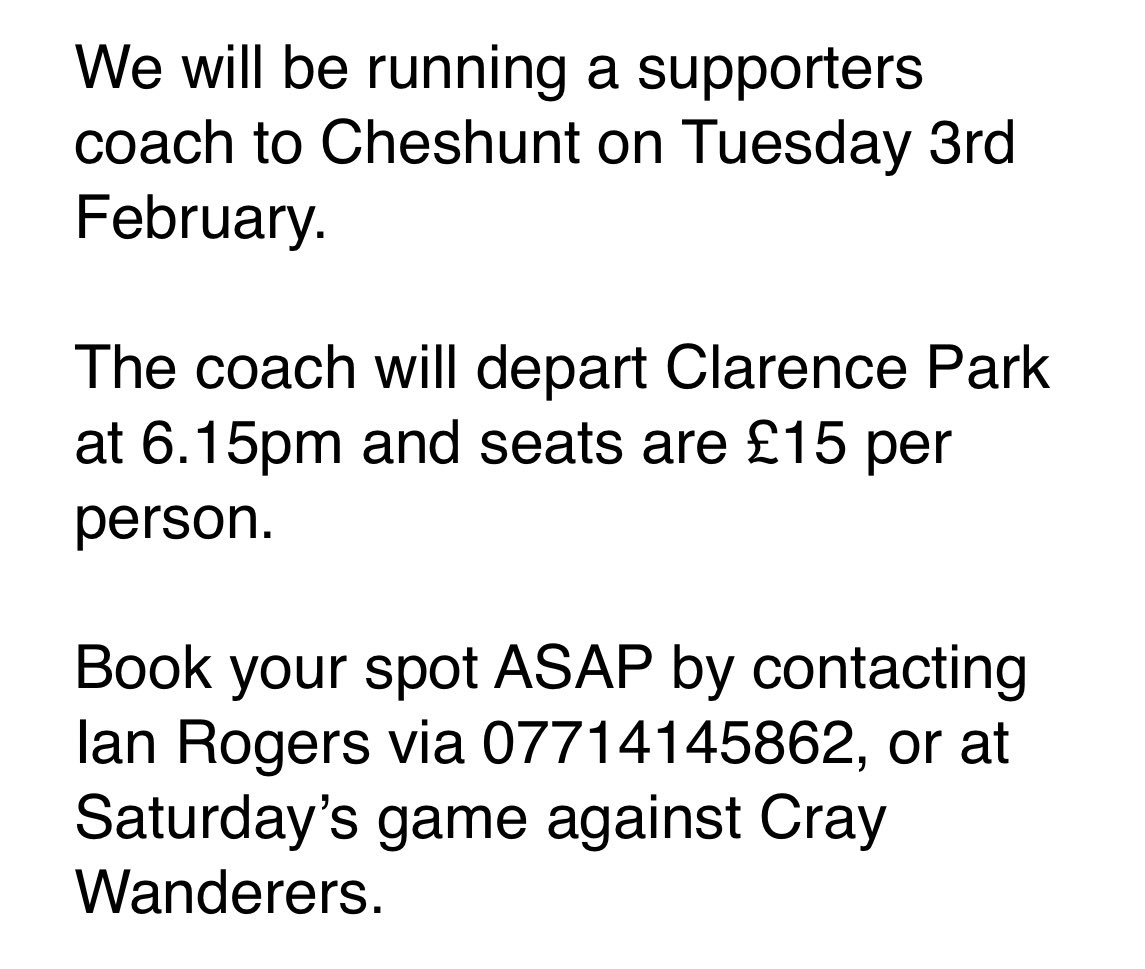 🚌 AWAY TRAVEL 🚌

We will be running a supporters coach to Cheshunt next Tuesday!

Book your seat ASAP ⬇️