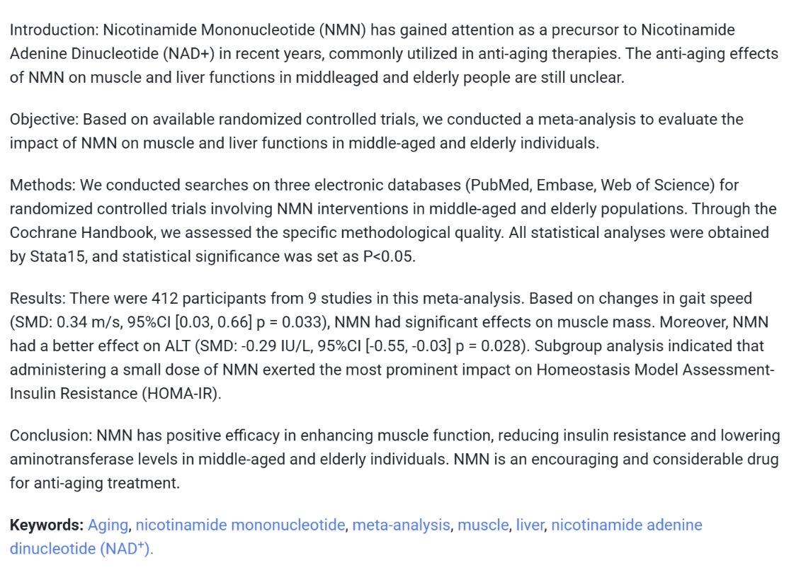 agingdoc1's tweet image. Effects of Nicotinamide Mononucleotide Supplementation on Muscle and Liver Functions Among the Middle-aged and Elderly: A Systematic Review and Meta-analysis of Randomized Controlled Trials

eurekaselect.com/article/142482
