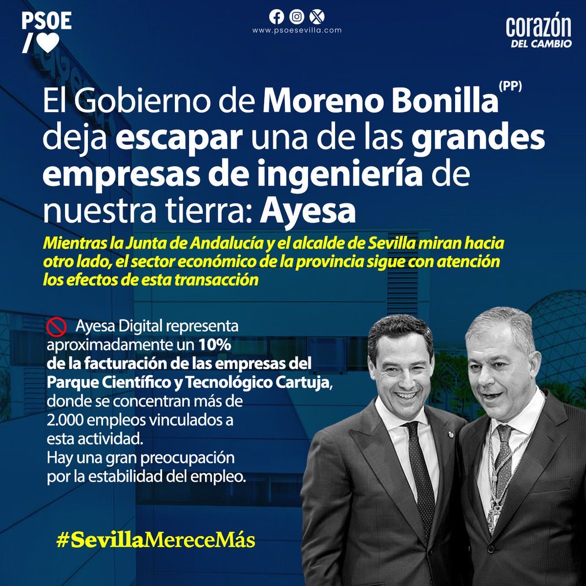 🤯Fuga de talento andaluz GRACIAS a Moreno Bonilla

👉Junta y Ayuntamiento dejan escapar a Ayesa Digital, una gran empresa tecnológica de nuestra tierra.

⚠️El resultado: 2.000 empleos en riesgo y el tejido productivo de la provincia deteriorado.

#SevillaMereceMás