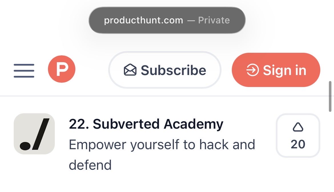 Just over 11 hours since our <a href="/SubvertedSec/">Subverted</a> Academy launch on #ProductHunt went live.😅

Honestly, doing a lot better than I expected. Would love to be in the top 20 but very happy with the interaction so far.

Currently tracking at no 22 for the day out of 424 products launched.