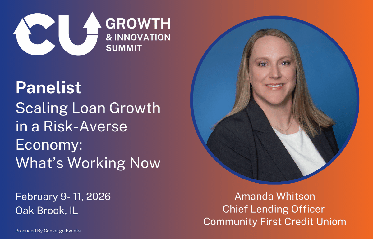 CUGrowthSummit's tweet photo. 🎤 Speaker Announcement: Amanda Whitson, Chief Lending Officer at Community First Credit Union, joins the #CUGI26 panel lineup. She’ll share insights on scaling loan growth while maintaining strong risk discipline.
🔗 https://t.co/CQUCtrTGKC

#CreditUnion #Lending https://t.co/7mjpnzBjfS