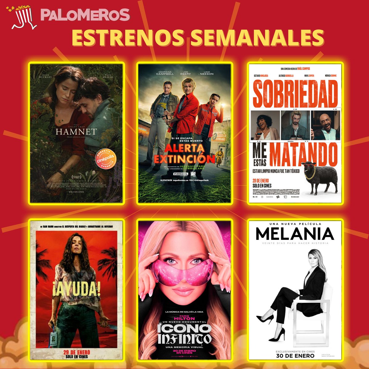 Estos son los estrenos de la semana en cines 🎬🍿

🍿Hamnet
🍿Alerta Extinción
🍿Sobriedad me estás matando
🍿Ícono Infinito: Una Memoria Visual
🍿¡Ayuda!
🍿Melania