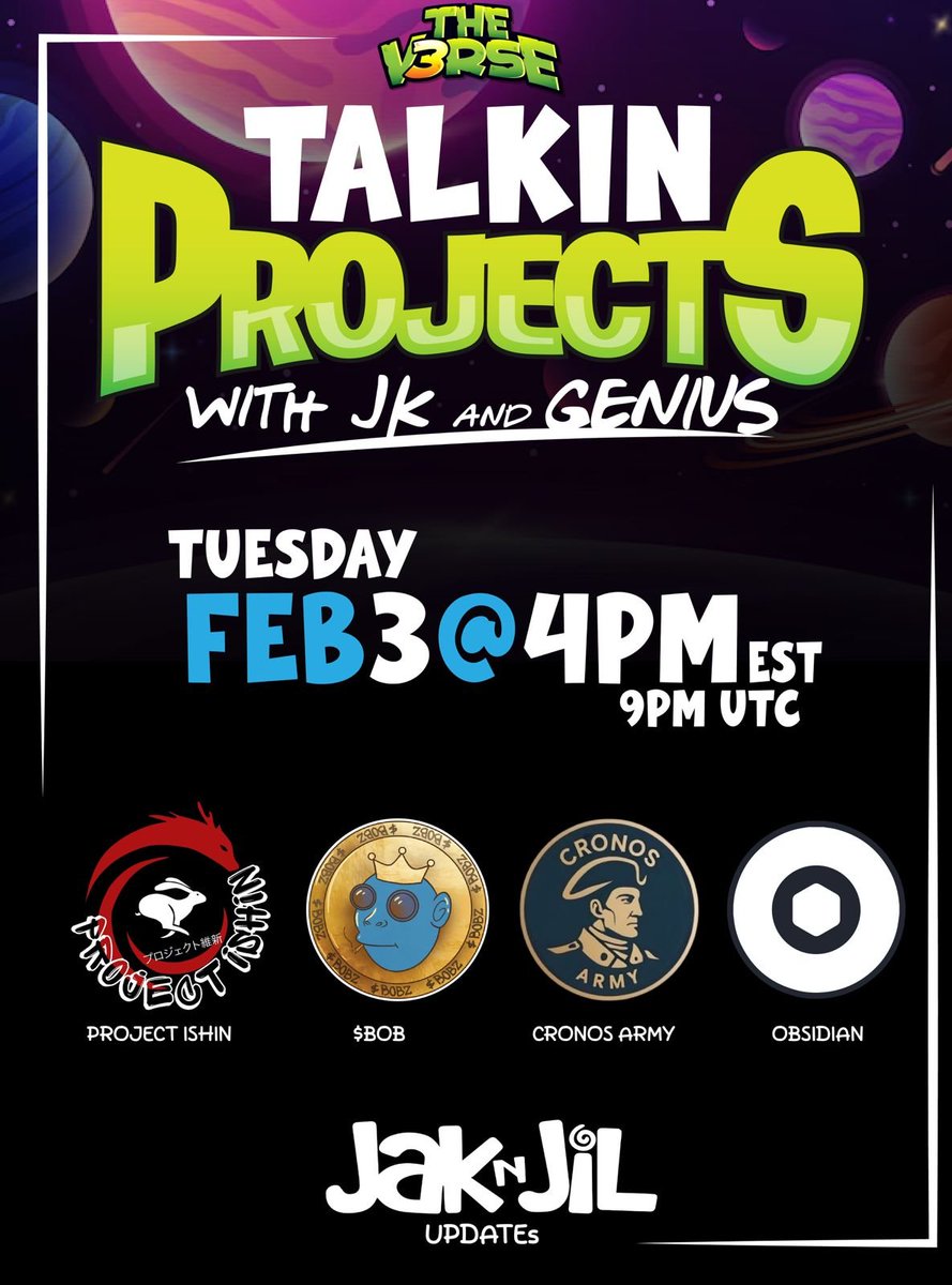 🎙️ Talkin’ Projects hosted by <a href="/ElRealGenius/">GENIUS</a> &amp; <a href="/JKCryptoXYZ/">JK | 212 | 🦁</a> 

🛠️ We're giving builders the mic.

🧠 Ideas, progress, what’s next

🗓️ Tuesday · 9 PM UTC (4PM EST)

Pull up!

Special guests:

<a href="/CronosArmy212/">Cronos Army</a> 
<a href="/ObsidianSwap/">ObsidianSwap | SWAP. CLAIM. WIN!!</a>  
<a href="/Project_Ishin/">Project Ishin</a> 
<a href="/CroBobAdventure/">🛸BOB Adventures | 212</a> 

x.com/i/spaces/1rmxP…