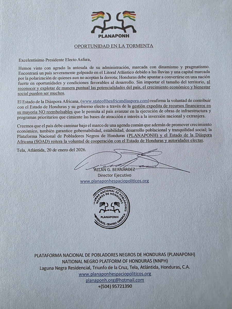 Comparto iniciativa implementada por actual administración del Estado de Honduras y en respaldo a inversión nacional, <a href="/planaponh/">Planaponh.org</a> junto a <a href="/SOAD81476801/">State of the African Diaspora - SOAD</a>, tiene disponible US$16Mil Millones para que el Presidente <a href="/titoasfura/">Papi a la Orden</a> desarrolle el país priorizando al pueblo Negro e Indígena.