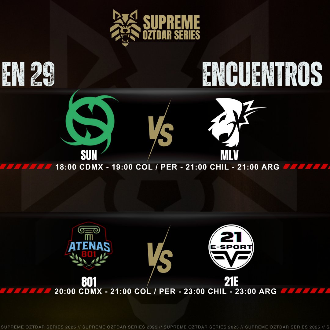 🛑   FECHA 13– Supreme Oztdar Series League 2025
DÍA 50🔥
🔸18:00 PM🇲🇽 SUN  vs MLV
🎤Caster : <a href="/criscaster_/">cris</a> · <a href="/Agu_Stin16/">Stin16</a> 
 
🔸20:00 PM🇲🇽 801 vs 21E
🎤Caster : <a href="/ProdyX86/">Vane Mollo</a> · <a href="/Agu_Stin16/">Stin16</a> 
 
📺🟣 twitch.tv/oztdaresports

#SupremeOztdarSeries #OZTDAREsports #LATAMNorte #TorneosValorant