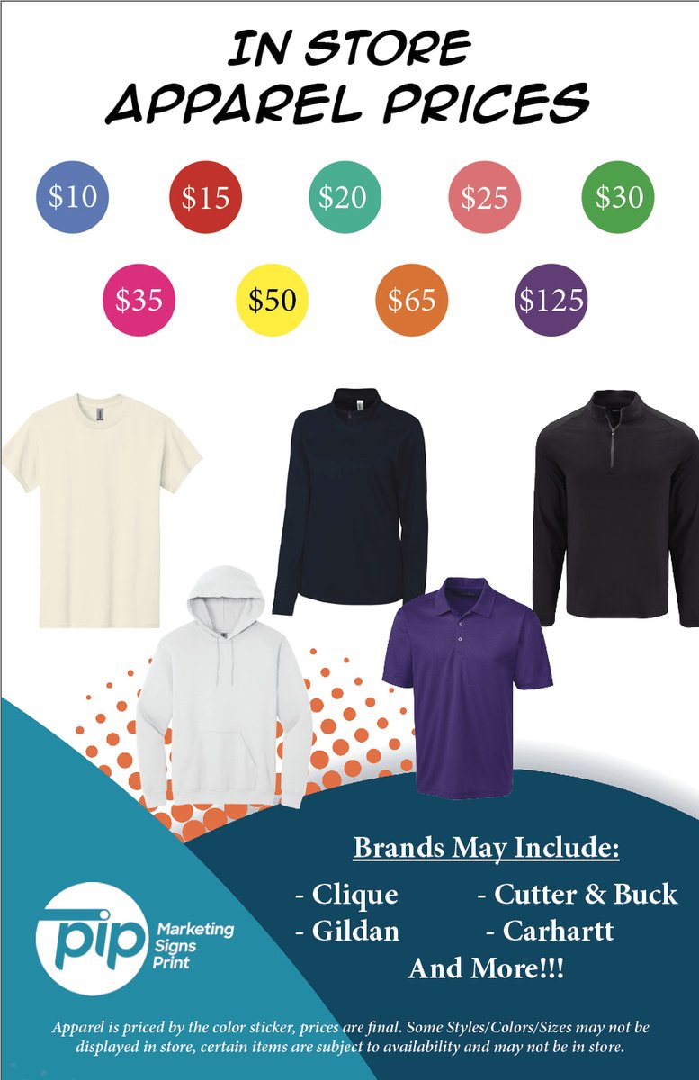 GrowAtPIP's tweet photo. Great bargains while supply lasts !!!  We are clearing out blank apparel at STEEP discounts.  Come in and search our inventory for the color coded deep discounted price !!  Need it decorated with your design or logo --- we can make that happen !! https://t.co/92oB3LxlcB