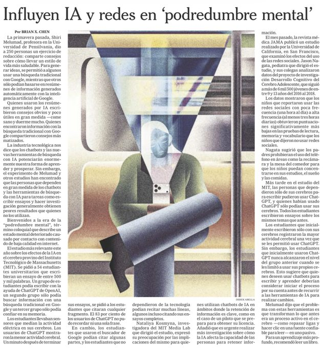 ¡Cuidado con la "podredumbre mental"!

Estudios del MIT y UCSF revelan que IA y redes podrían reducir la retención cognitiva y profundidad

Haz un uso inteligente, fomenta lectura profunda y la reflexión para mantener la creatividad y tu capacidades cognitivas