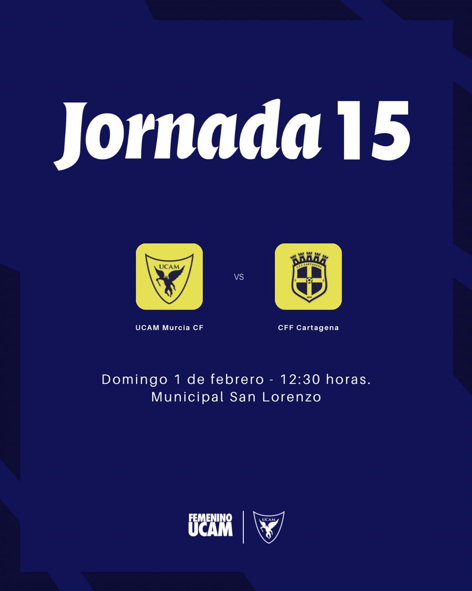 📌 #UCAMFemenino | 𝐒𝐢𝐠𝐮𝐢𝐞𝐧𝐭𝐞 𝐣𝐨𝐫𝐧𝐚𝐝𝐚:

🏆 Jornada 15 - G.XIII de Tercera Federación.
📆 Domingo 1 de febrero. 
🆚 <a href="/cffcartagena/">C.F.F. CARTAGENA</a>.
⌚️ 12:30h.
🏟️ Mpal. San Lorenzo.
💙 Entrada GRATUITA.

#UCAMMurciaCFFCartagena | 2025/26