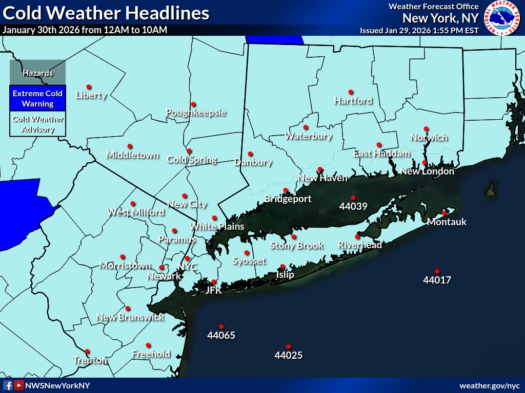 NWSNewYorkNY's tweet photo. The relentless frigid temperatures continue tonight with the entire area under Cold Weather Advisories from midnight to 10AM tomorrow. The "feels-like" temperatures during this time will be anywhere from -5° to -15°! Avoid skin exposure if going outside. https://t.co/U1fSWAGReq