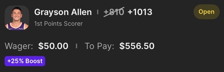 TPB_FirstBasket's tweet image. Today’s play 🏀

Grayson Allen +810 (DK) ✅

Great spot for Allen here. Williams should win the tip over Duren, and Allen has taken first team FGA in 43% of his starts this season. Our model has fair odds for this closer to +500 👀

#GamblingX #FirstBasket