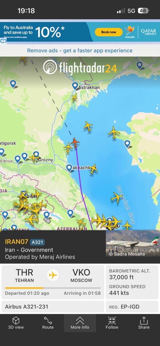 CentSmiffy's tweet photo. @SkyNews Iran #governent plane headed to #moscow https://t.co/XM5X2wUb8M