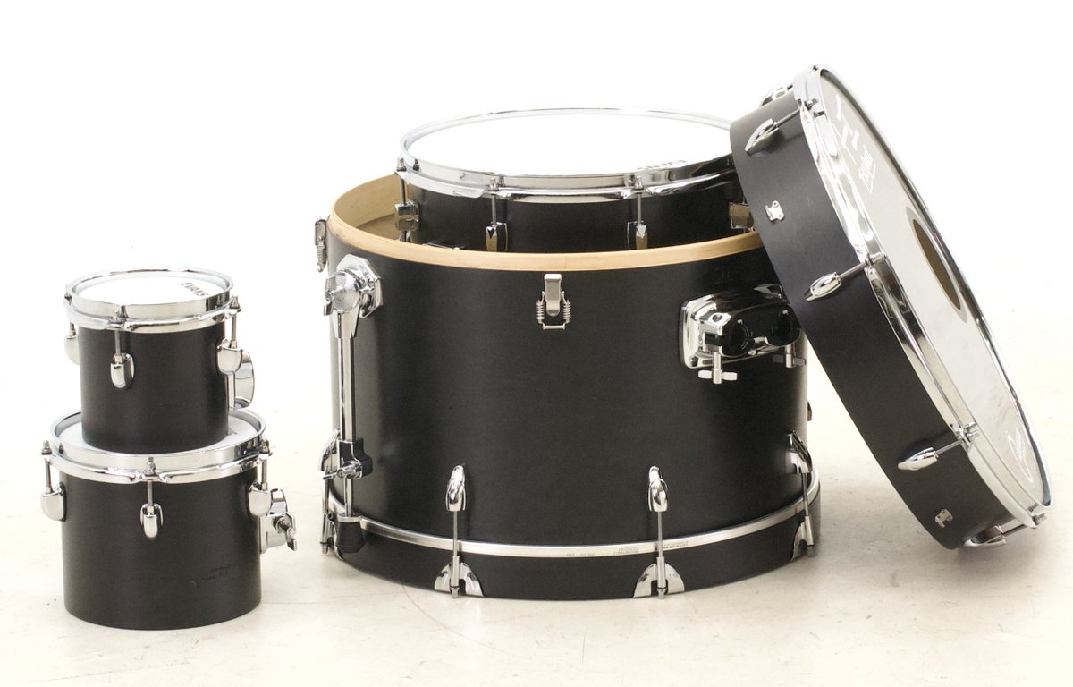 TreeHouseDrums's tweet photo. What could be better than a 5-pc nesting set? How's about a 5-pc nesting set with two concert toms flying off to the side?!? Here ya go! 6x6, 7x8, 8x10, 9x13, 10x16, 16x20, 4½x14; plied maple; satin wax. https://t.co/4vubGavrri