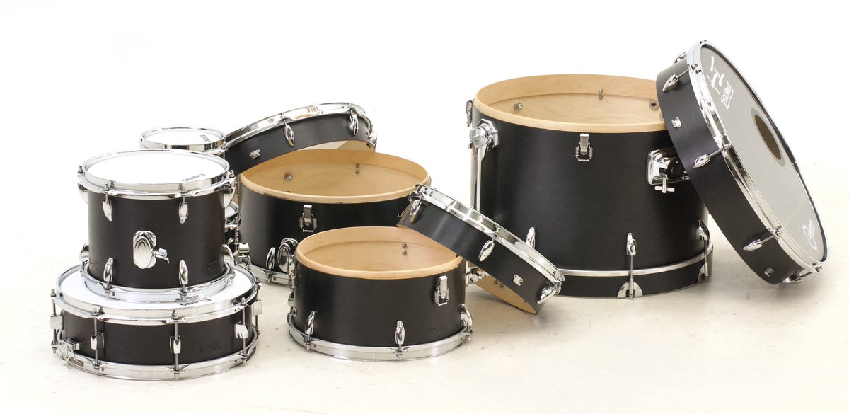 TreeHouseDrums's tweet photo. What could be better than a 5-pc nesting set? How's about a 5-pc nesting set with two concert toms flying off to the side?!? Here ya go! 6x6, 7x8, 8x10, 9x13, 10x16, 16x20, 4½x14; plied maple; satin wax. https://t.co/4vubGavrri