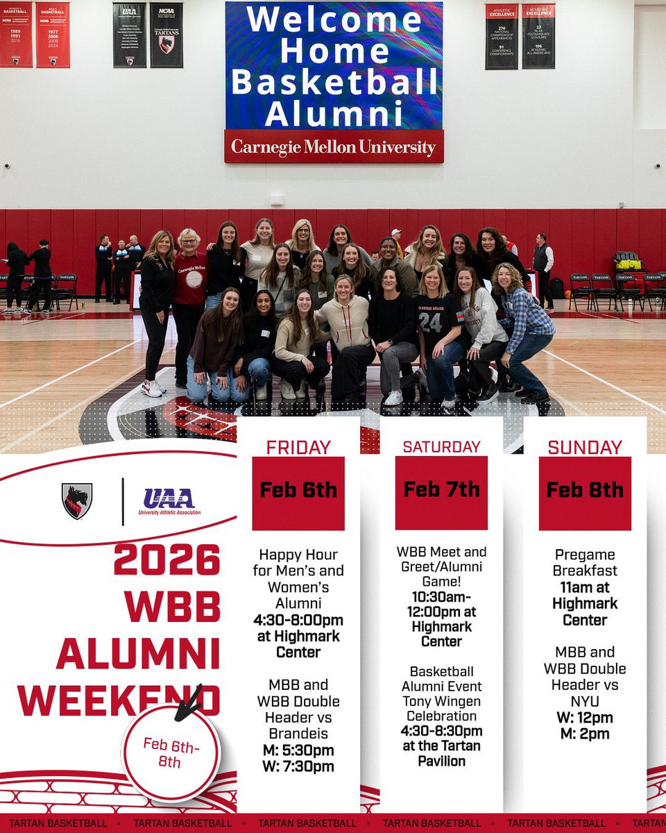 cmutartanswbb's tweet photo. 2026 Carnegie Mellon Basketball Alumni Weekend is almost here‼️Please visit the link in our bio to register if you haven’t already. We are so excited to welcome so many of our Tartans home❤️🏀 #TartanProud https://t.co/toM9oN8xQV