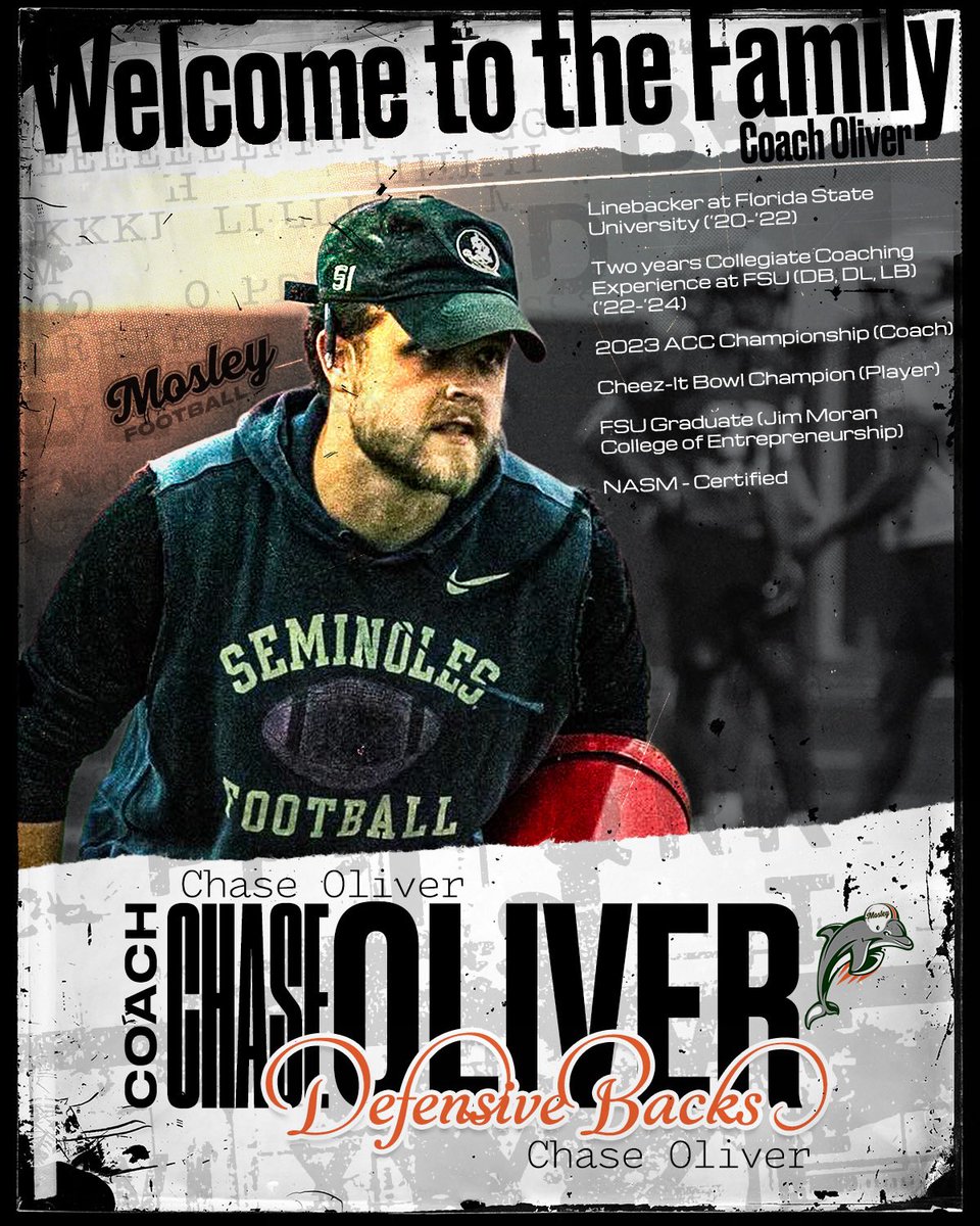 We are thrilled to announce the addition of <a href="/CoachvOliver/">Chase Oliver</a> to the Mosley Football coaching staff!

Coach Oliver joins us from <a href="/FSUFootball/">FSU Football</a> and will help lead our defensive secondary. His experience at the collegiate level brings a wealth of knowledge to our program, and we can’t