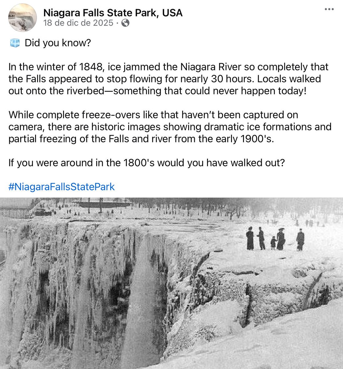 Las cataratas del Niágara ya se habían congelado, y más intensamente que ahora, en 1848.
Y eso que en esos años no había gente, no había desmontes, no había soja, no existía el glifo, no había monopatines eléctricos, todo el mundo vivía como en Cuba y no había nenes con hormonas.