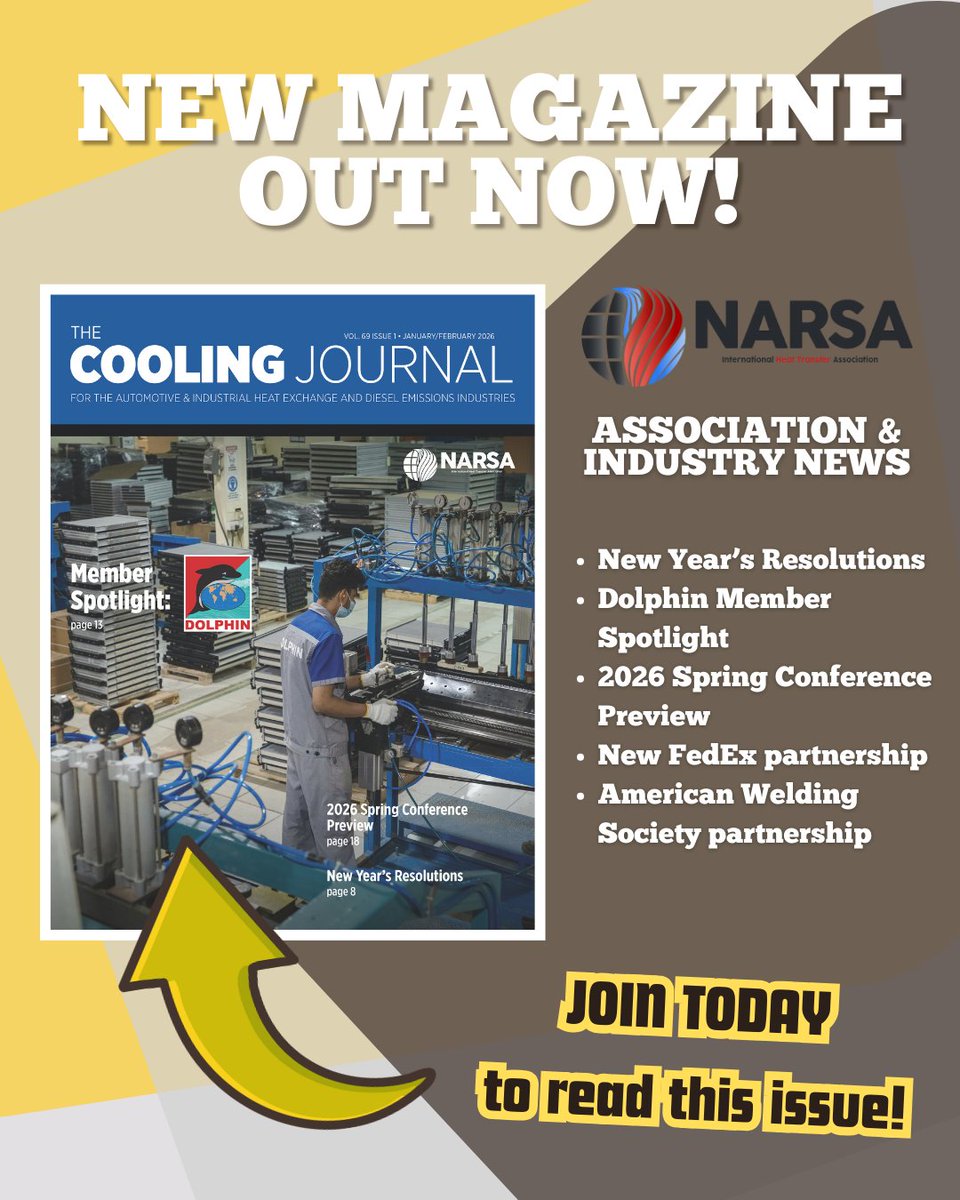 NEW MAGAZINE!

In the first Cooling Journal of 2026, we visit NARSA member Dolphin. We also have a preview of the upcoming 2026 Spring Conference in Minnesota, hosted by L&amp;M Radiator.

Want access to this magazine? Join NARSA today! #narsanow