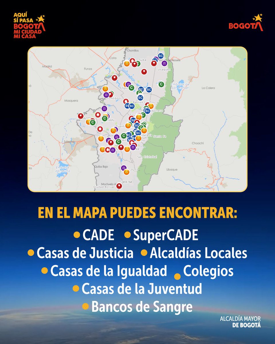 SecGeneralBog's tweet photo. 📍 ¡Bogotá estrena mapa interactivo!
Ahora puedes ubicar #CADE, #SuperCADE, casas de justicia y más en un solo lugar. Consulta horarios, trámites y la mejor ruta para llegar desde el Portal Bogotá.🗺️
¡Ahorra tiempo y evita desplazamientos! ✅
https://t.co/d1KXqOKlfP https://t.co/WfyrhFZ73I